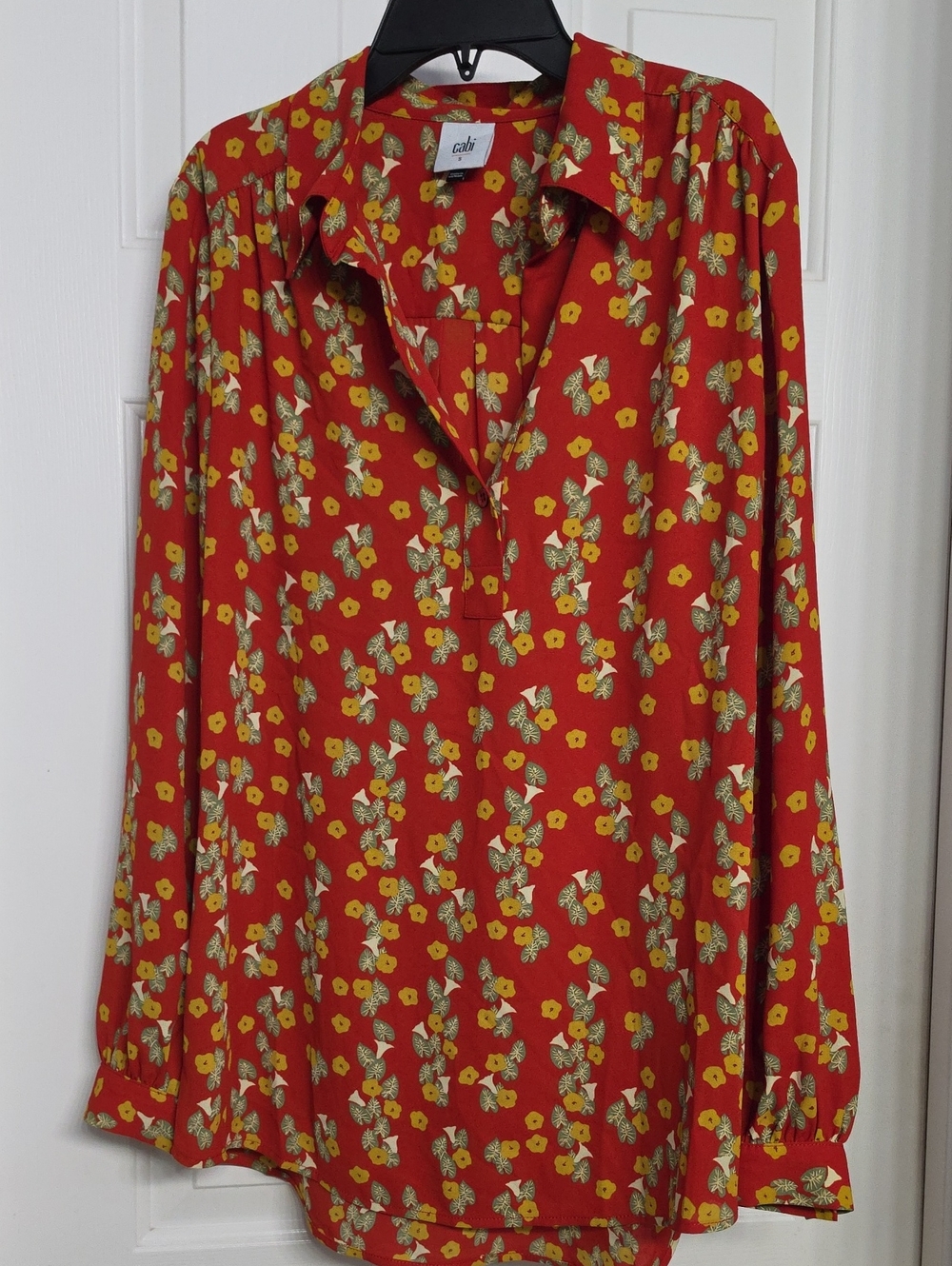 CAbi Red Button-Down Shirt with Yellow Floral Pattern
